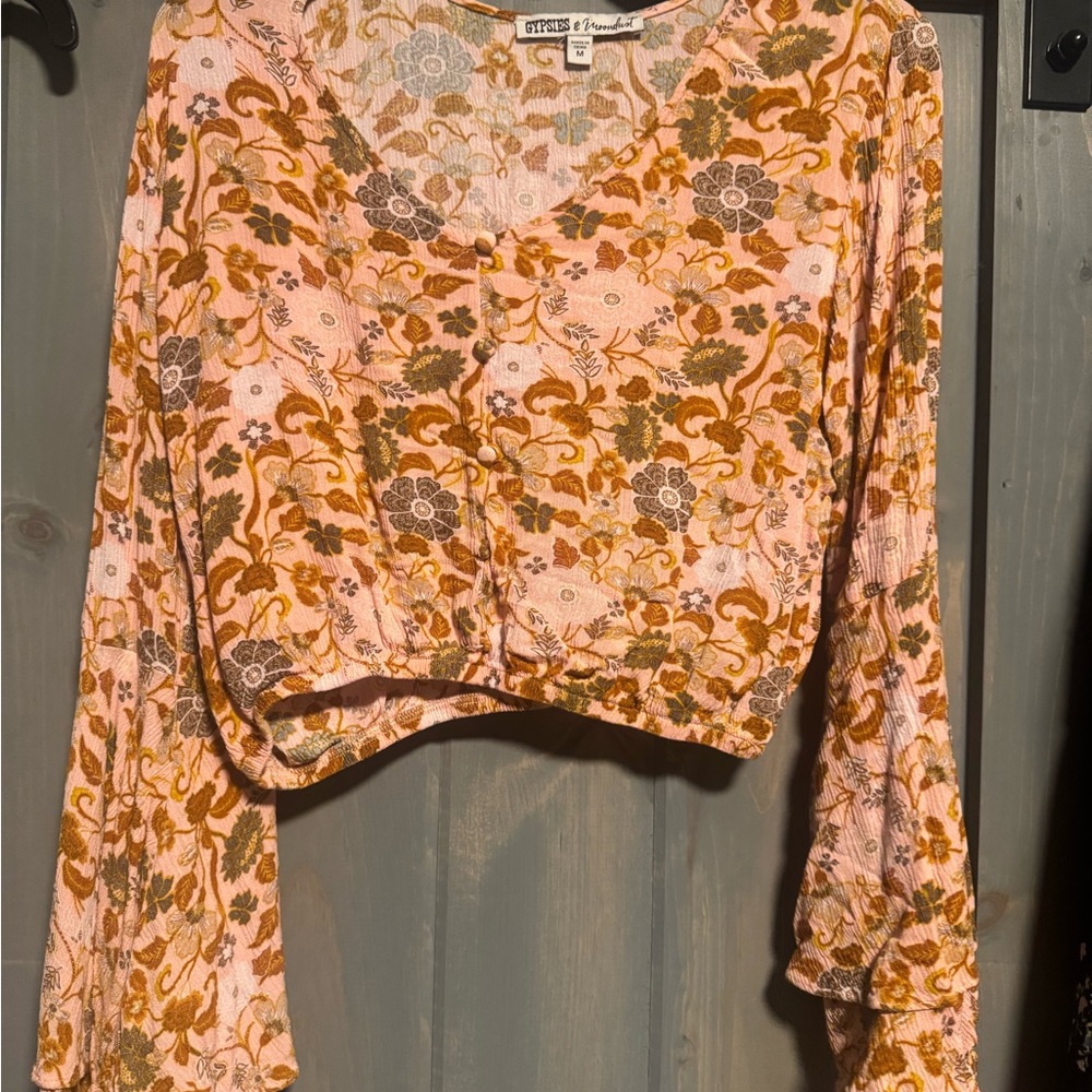 Gypsies & Moondust Orange Pink Bell Sleeve Crop Blouse
